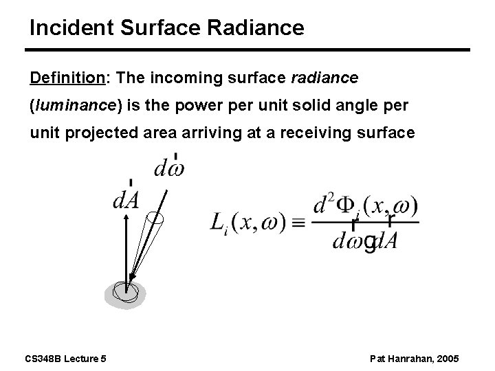 Incident Surface Radiance Definition: The incoming surface radiance (luminance) is the power per unit