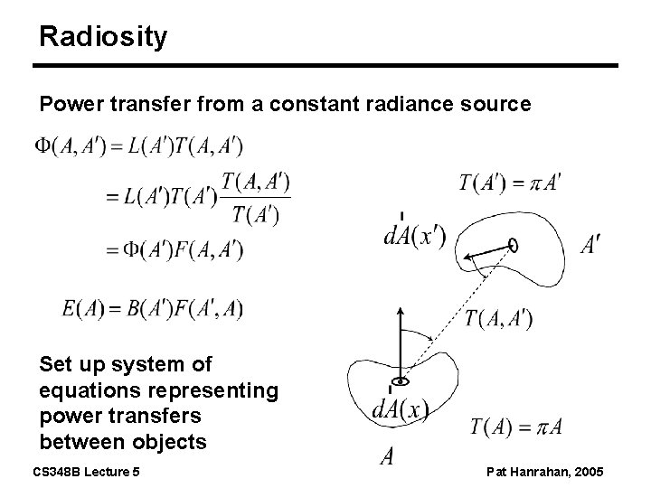 Radiosity Power transfer from a constant radiance source Set up system of equations representing