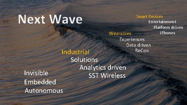 Next Wave Smart Devices Entertainment Platform driven i. Phones Wearables Experiences Data driven Re.