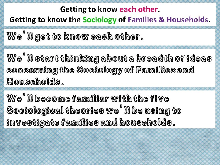 Getting to know each other. Getting to know the Sociology of Families & Households.