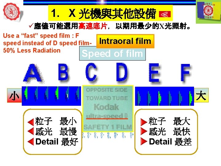 1. X 光機與其他設備 ü應儘可能選用高速底片，以期用最少的X光照射。 Use a “fast” speed film : F speed instead of