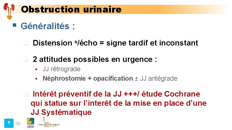 Obstruction urinaire § Généralités : q Distension s/écho = signe tardif et inconstant q