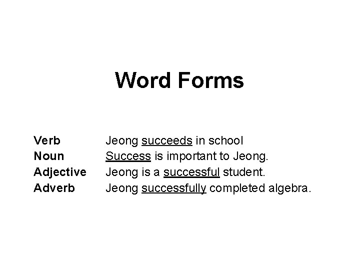 Word Forms Verb Noun Adjective Adverb Jeong succeeds in school Success is important to