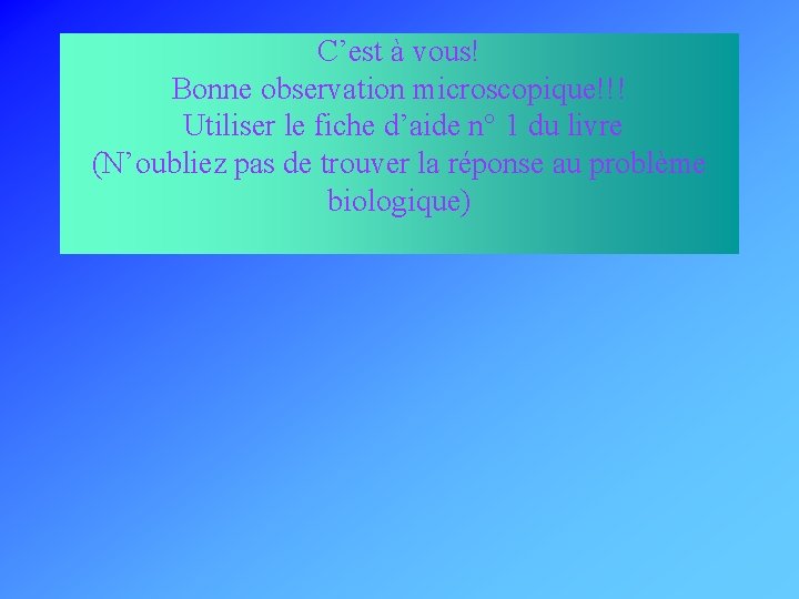 C’est à vous! Bonne observation microscopique!!! Utiliser le fiche d’aide n° 1 du livre