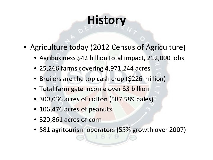 History • Agriculture today (2012 Census of Agriculture) • • Agribusiness $42 billion total History • Agriculture today (2012 Census of Agriculture) • • Agribusiness $42 billion total