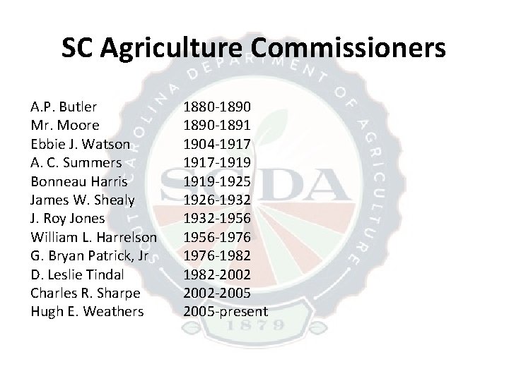 SC Agriculture Commissioners A. P. Butler Mr. Moore Ebbie J. Watson A. C. Summers SC Agriculture Commissioners A. P. Butler Mr. Moore Ebbie J. Watson A. C. Summers