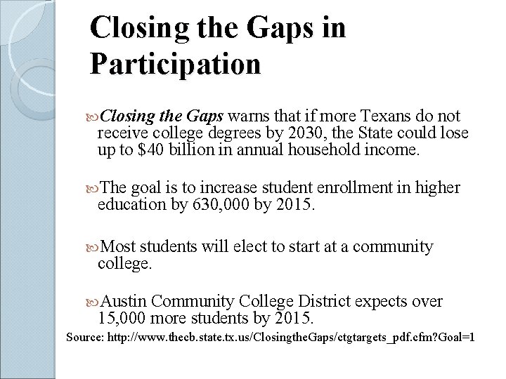 Closing the Gaps in Participation Closing the Gaps warns that if more Texans do