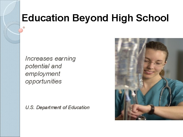 Education Beyond High School Increases earning potential and employment opportunities U. S. Department of