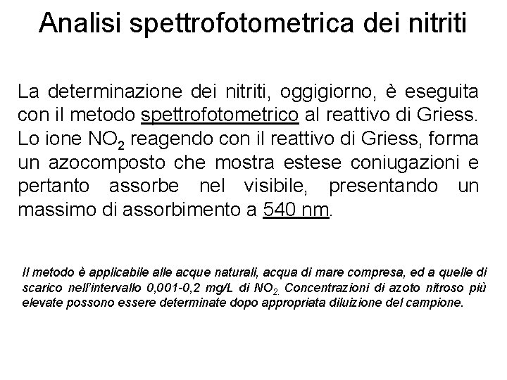 Analisi spettrofotometrica dei nitriti La determinazione dei nitriti, oggigiorno, è eseguita con il metodo