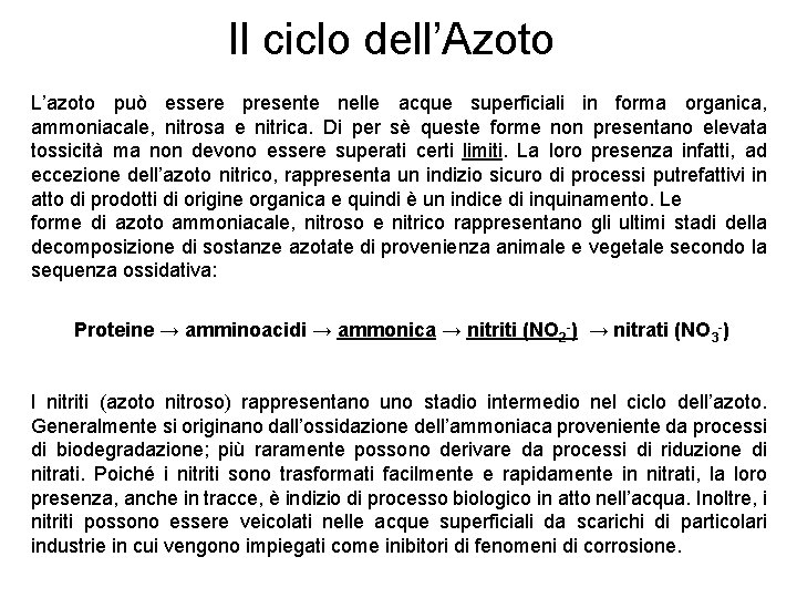 Il ciclo dell’Azoto L’azoto può essere presente nelle acque superficiali in forma organica, ammoniacale,