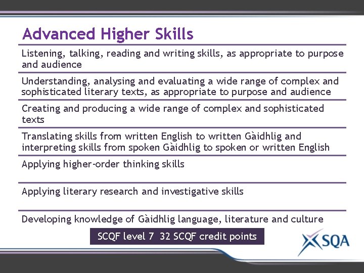 Advanced Higher Skills Listening, talking, reading and writing skills, as appropriate to purpose and Advanced Higher Skills Listening, talking, reading and writing skills, as appropriate to purpose and