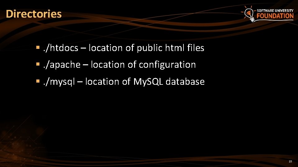 Directories §. /htdocs – location of public html files §. /apache – location of