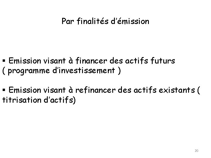 Par finalités d’émission Emission visant à financer des actifs futurs ( programme d’investissement )