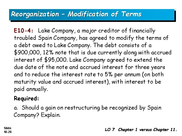 Reorganization – Modification of Terms E 10 -4: Lake Company, a major creditor of