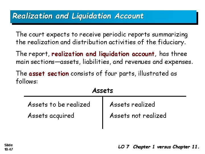 Realization and Liquidation Account The court expects to receive periodic reports summarizing the realization