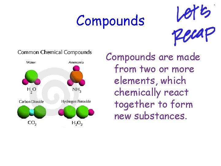 Compounds are made from two or more elements, which chemically react together to form