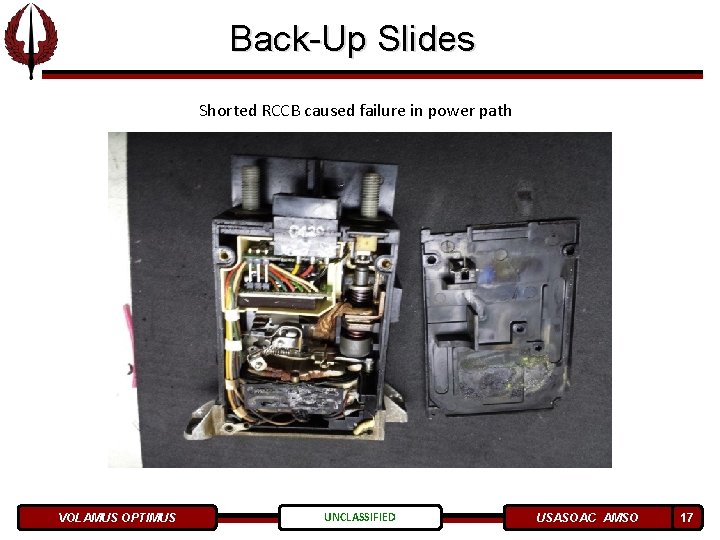 Back-Up Slides Shorted RCCB caused failure in power path VOLAMUS OPTIMUS UNCLASSIFIED USASOAC AMSO Back-Up Slides Shorted RCCB caused failure in power path VOLAMUS OPTIMUS UNCLASSIFIED USASOAC AMSO