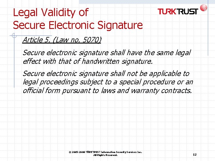 Legal Validity of Secure Electronic Signature Article 5. (Law no. 5070) Secure electronic signature Legal Validity of Secure Electronic Signature Article 5. (Law no. 5070) Secure electronic signature