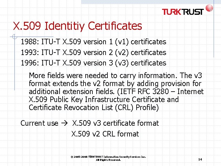 X. 509 Identitiy Certificates 1988: ITU-T X. 509 version 1 (v 1) certificates 1993: X. 509 Identitiy Certificates 1988: ITU-T X. 509 version 1 (v 1) certificates 1993: