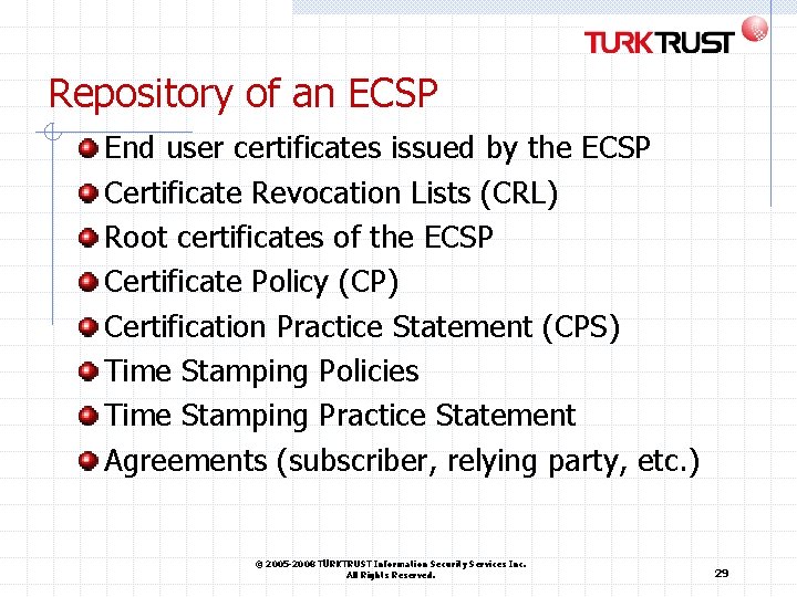 Repository of an ECSP End user certificates issued by the ECSP Certificate Revocation Lists Repository of an ECSP End user certificates issued by the ECSP Certificate Revocation Lists