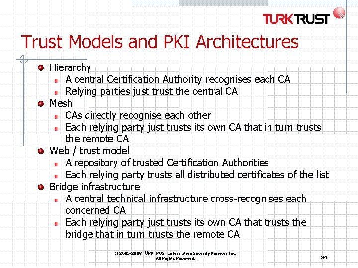 Trust Models and PKI Architectures Hierarchy A central Certification Authority recognises each CA Relying Trust Models and PKI Architectures Hierarchy A central Certification Authority recognises each CA Relying