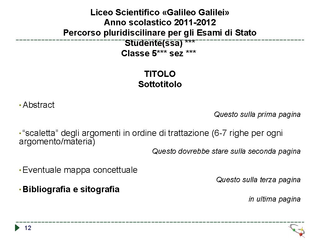 Liceo Scientifico «Galileo Galilei» Anno scolastico 2011 -2012 Percorso pluridiscilinare per gli Esami di