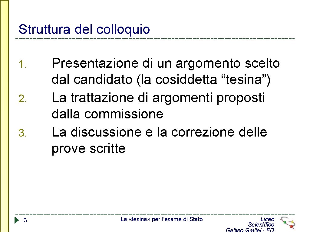 Struttura del colloquio 1. 2. 3. 3 Presentazione di un argomento scelto dal candidato