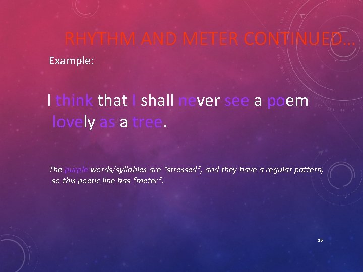 RHYTHM AND METER CONTINUED… Example: I think that I shall never see a poem