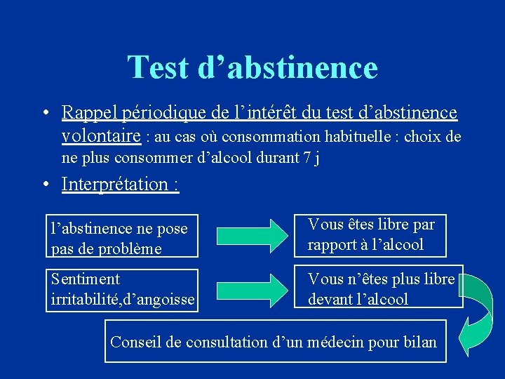 Test d’abstinence • Rappel périodique de l’intérêt du test d’abstinence volontaire : au cas