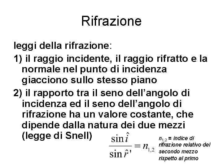 Rifrazione leggi della rifrazione: 1) il raggio incidente, il raggio rifratto e la normale