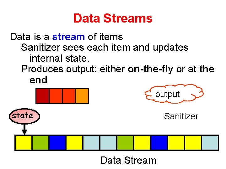 Data Streams Data is a stream of items Sanitizer sees each item and updates