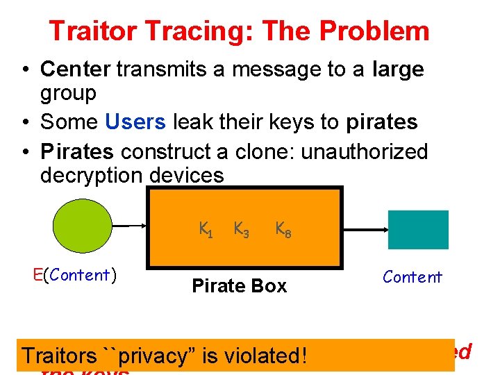 Traitor Tracing: The Problem • Center transmits a message to a large group •