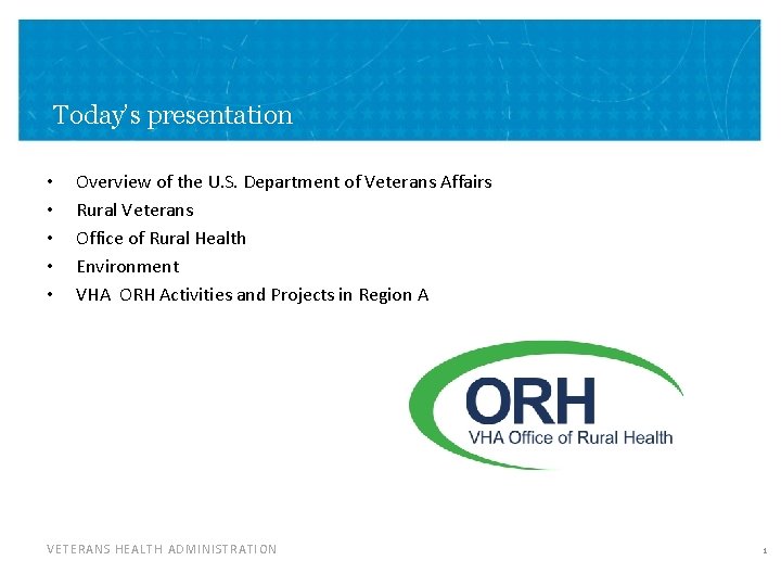 Today’s presentation • • • Overview of the U. S. Department of Veterans Affairs