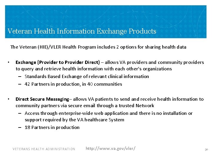 Veteran Health Information Exchange Products The Veteran (HIE)/VLER Health Program includes 2 options for