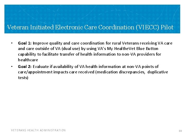 Veteran Initiated Electronic Care Coordination (VIECC) Pilot • • Goal 1: Improve quality and