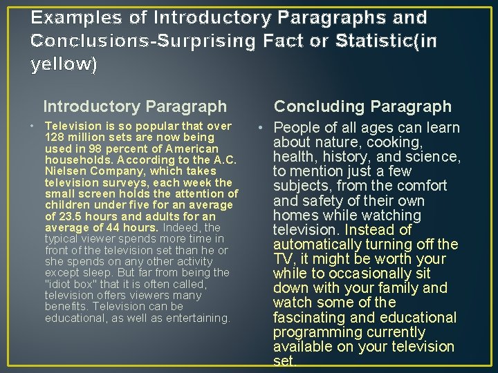 Examples of Introductory Paragraphs and Conclusions-Surprising Fact or Statistic(in yellow) Introductory Paragraph Concluding Paragraph
