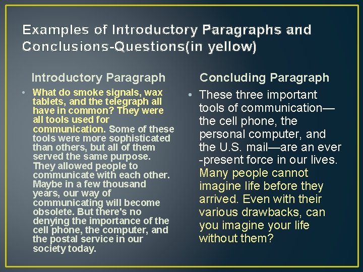 Examples of Introductory Paragraphs and Conclusions-Questions(in yellow) Introductory Paragraph • What do smoke signals,