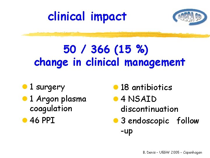 clinical impact 50 / 366 (15 %) change in clinical management l 1 surgery