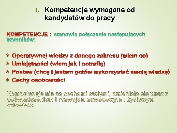 II. Kompetencje wymagane od kandydatów do pracy Kompetencje nie są cechami stałymi, zmieniają się