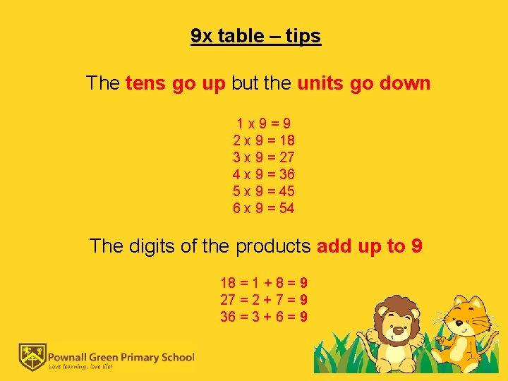 9 x table – tips The tens go up but the units go down