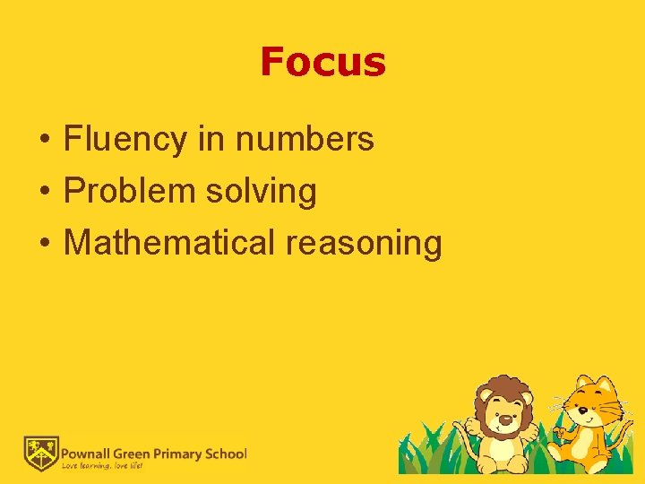 Focus • Fluency in numbers • Problem solving • Mathematical reasoning 