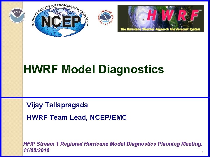 HWRF Model Diagnostics Vijay Tallapragada HWRF Team Lead, NCEP/EMC HFIP Stream 1 Regional Hurricane HWRF Model Diagnostics Vijay Tallapragada HWRF Team Lead, NCEP/EMC HFIP Stream 1 Regional Hurricane