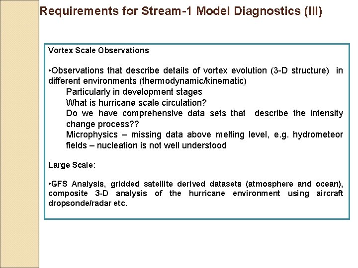 Requirements for Stream-1 Model Diagnostics (III) Vortex Scale Observations • Observations that describe details Requirements for Stream-1 Model Diagnostics (III) Vortex Scale Observations • Observations that describe details