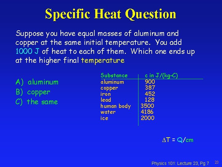 Specific Heat Question Suppose you have equal masses of aluminum and copper at the