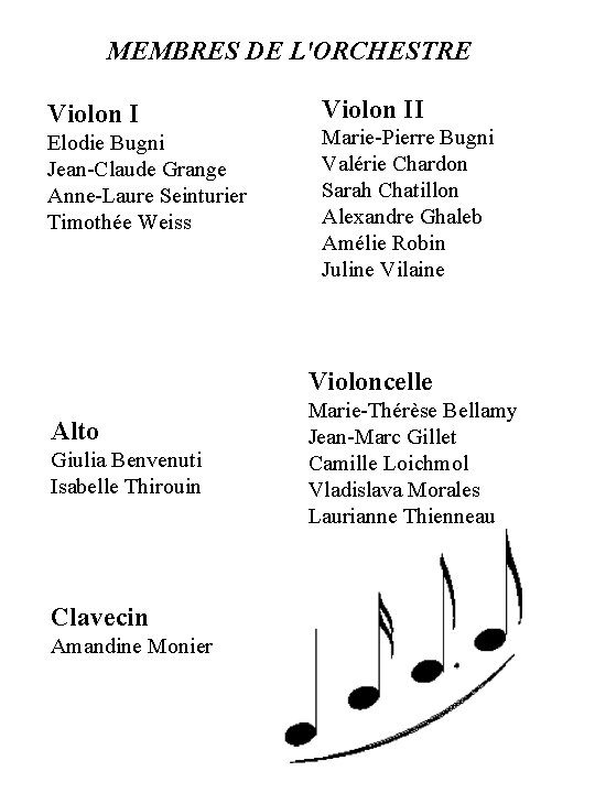 MEMBRES DE L'ORCHESTRE Violon I Elodie Bugni Jean-Claude Grange Anne-Laure Seinturier Timothée Weiss Violon