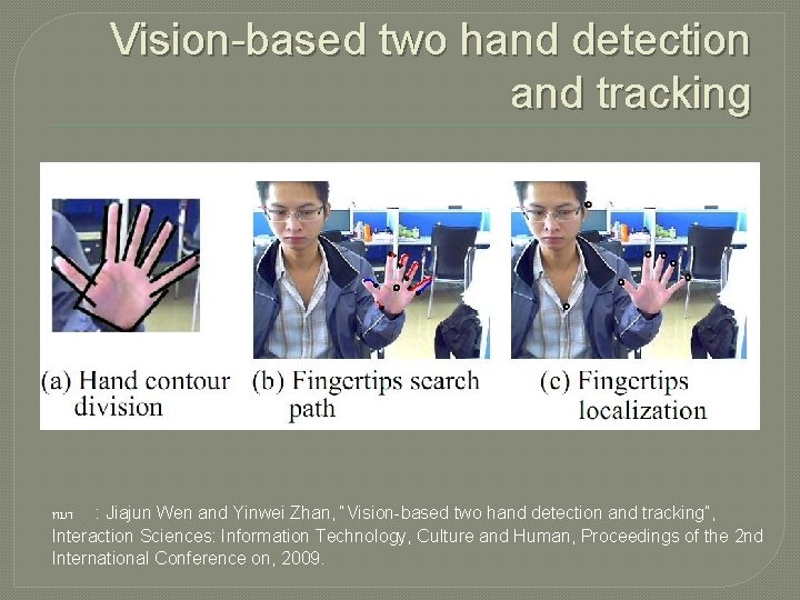 Vision-based two hand detection and tracking ทมา : Jiajun Wen and Yinwei Zhan, “Vision-based