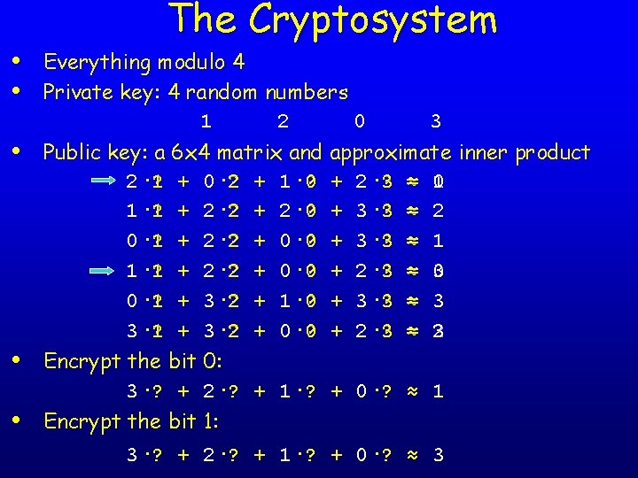  • • • The Cryptosystem Everything modulo 4 Private key: 4 random numbers