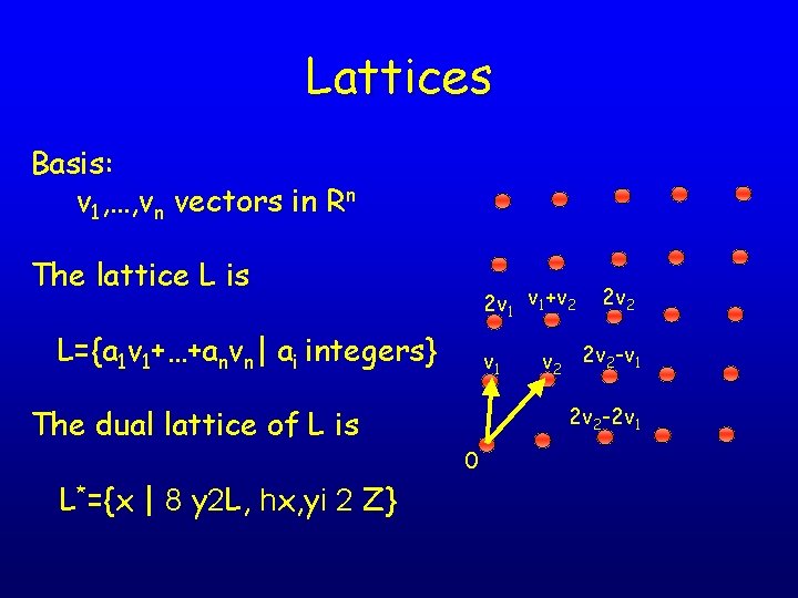Lattices Basis: v 1, …, vn vectors in Rn The lattice L is 2