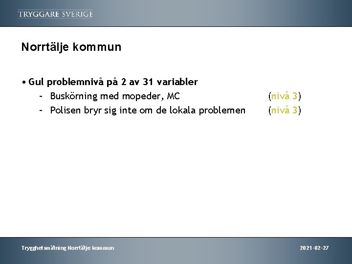 Norrtälje kommun • Gul problemnivå på 2 av 31 variabler – Buskörning med mopeder,