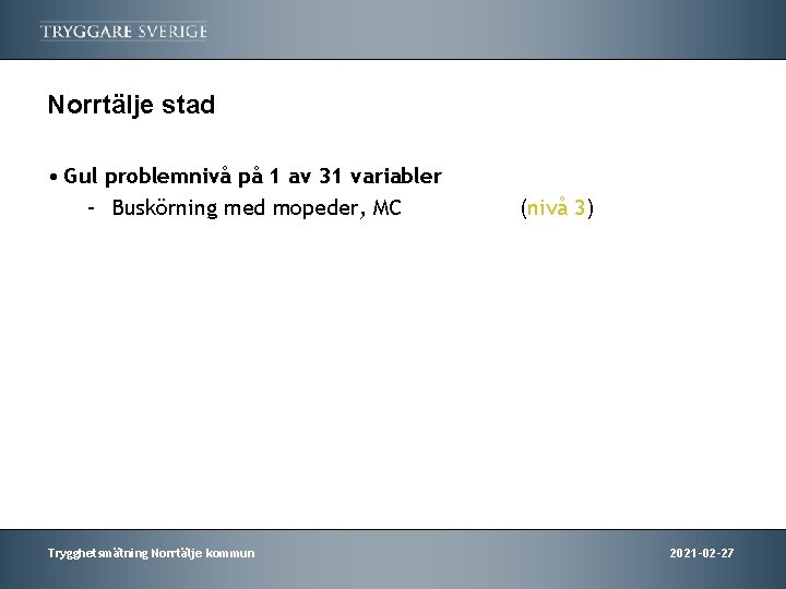 Norrtälje stad • Gul problemnivå på 1 av 31 variabler – Buskörning med mopeder,